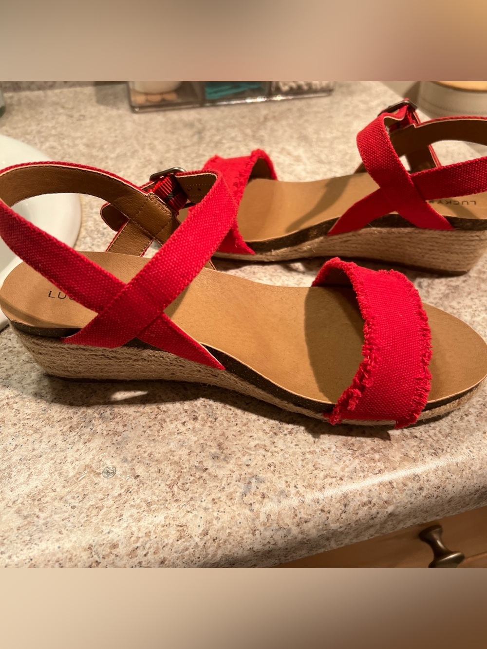 Lucky Brand Jardelin Wedge Espadrille Womens Size 5.5 Sandals Red NEW
